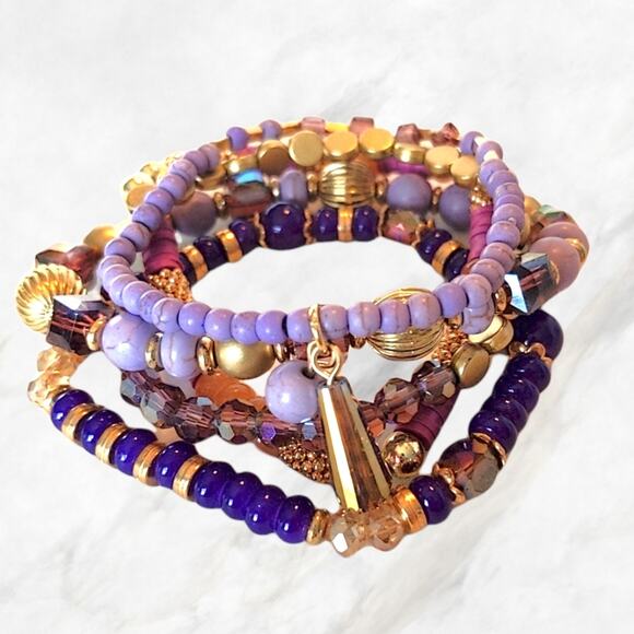 Purple Pink and Goldtone Stacking Bracelets Sparkle Stretchy 5 Pc Gem Ta… - Picture 9 of 12